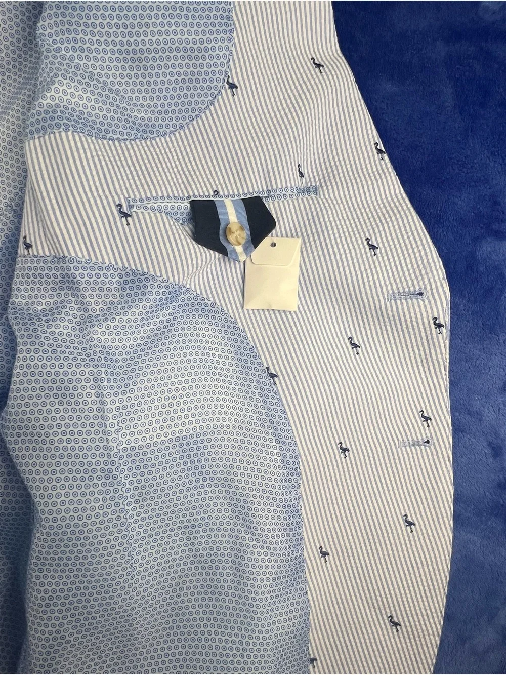 Tailorbyrd Mens Blazer 48R Seersucker Cotton Blue White Embroidered Flamingo